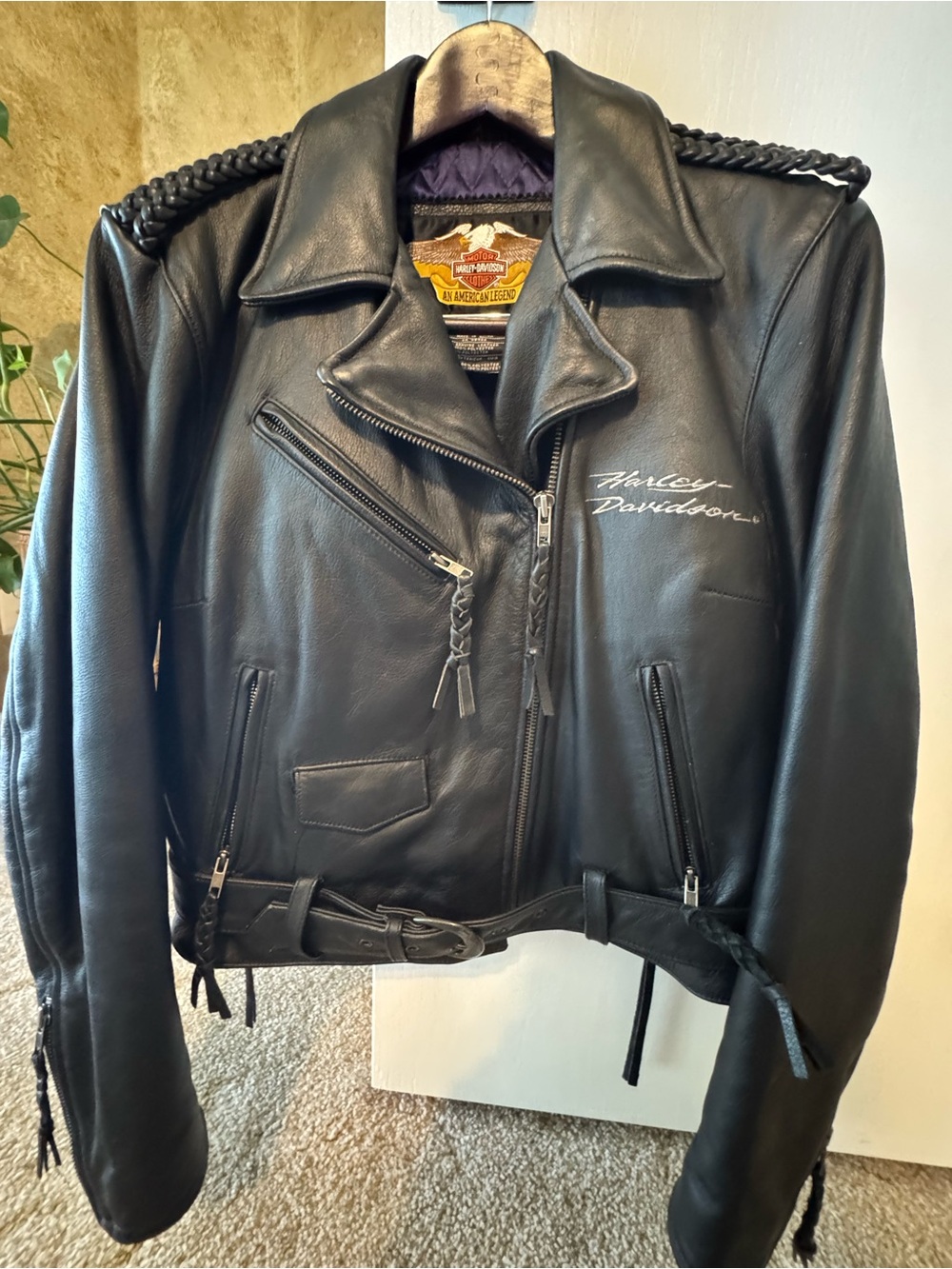 Harley-Davidson Black Braided-Shoulder Leather Motorcycle Jacket